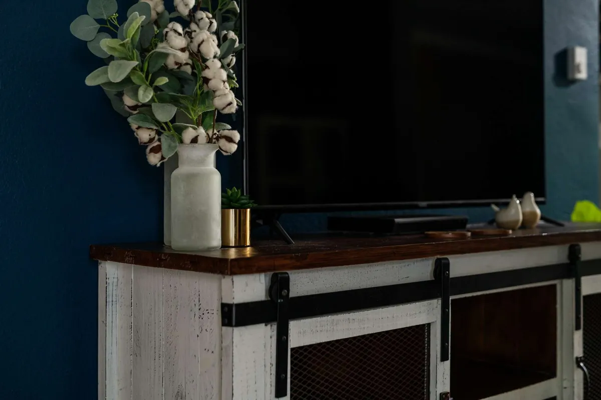 A stylish living space featuring a TV, decorative items, and a vase with cotton flowers, arranged in a way that feels open and inviting for hosting, relaxing, or movie nights.